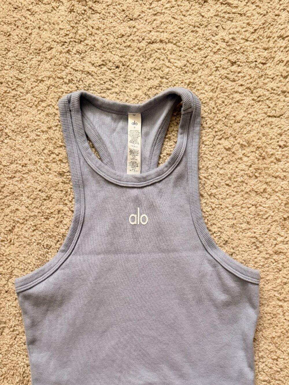 Alo Yoga Baby Pastel Blue Ribbed Cropped Racerback Tank Logo Top